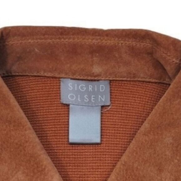 Sigrid Olsen Suede Leather and Silk Blend Knit Jacket in Pumpkin Size Medium - Picture 7 of 11